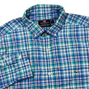 Vineyard Vines Performance Tucker Shirt Mens Large Blue Pink Plaid 1W1813